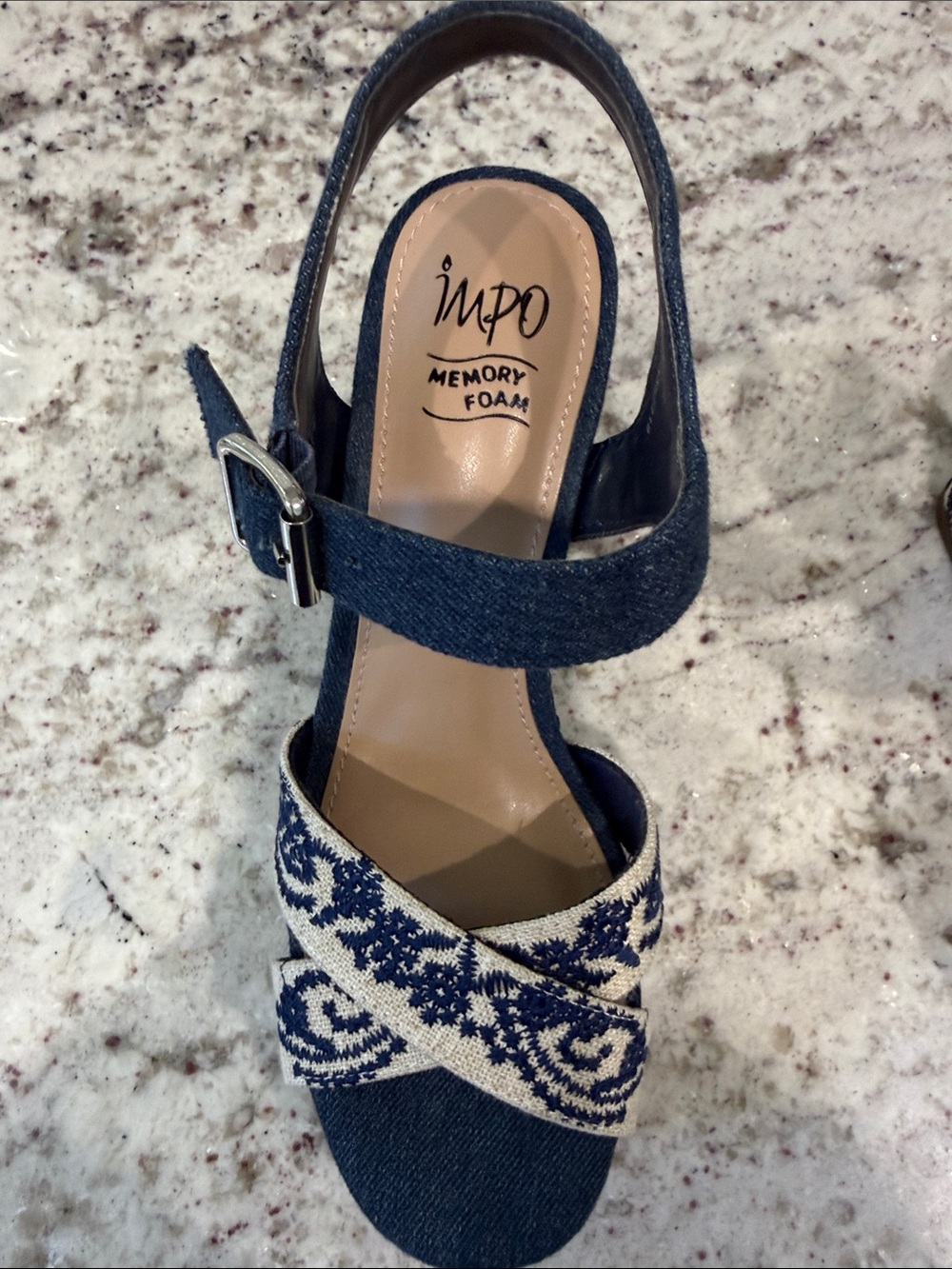 Impo Navy Blue and Cream Embroidered Platform Sandals - Picture 2 of 2